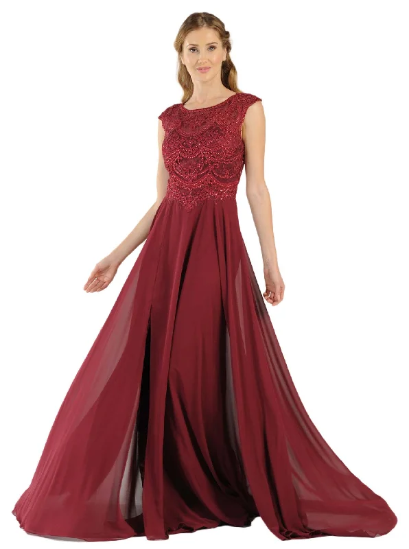 Floor-Length Satin Dress Poly USA - 8254 Cap Sleeve Embroidered Illusion Chiffon Gown