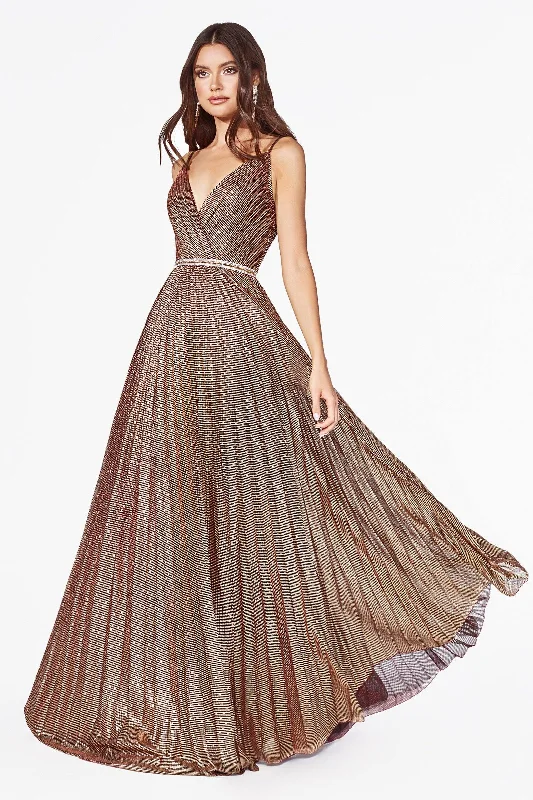 Draped Satin Gown Cinderella Divine KC896 Prom Long Formal Spaghetti Strap Stripped Metallic Dress