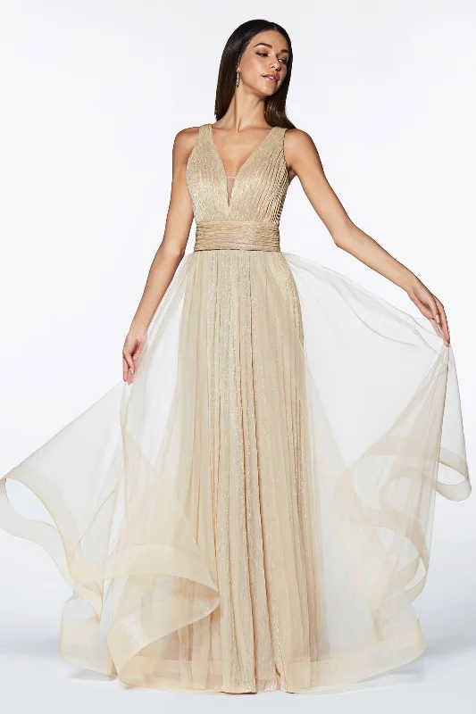 Puffy Sleeve Dress Cinderella Divine CT0040 Prom Long Sleeveless Deep V Neck Evening Dress