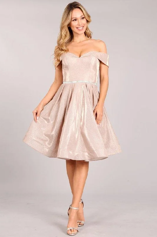 Minimalist Gown Prom Short Metallic Off Shoulder Homecoming Dress