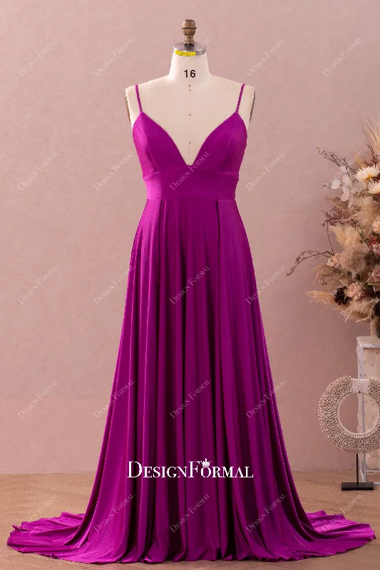 Taffeta Dress Plus Size Raspberry Jersey Spaghetti Straps Plunging Slit Simple Dress