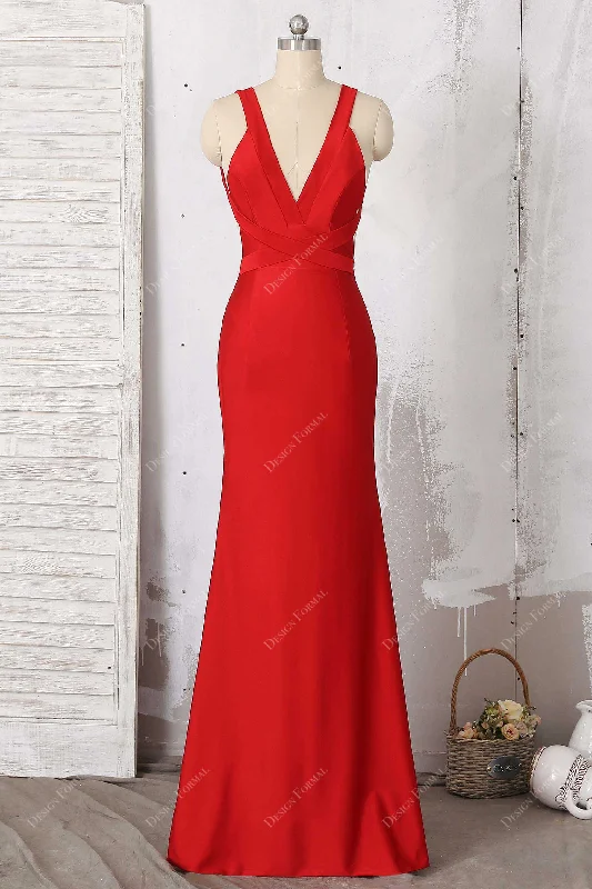 Designer Gown Red Jersey Wide Straps Plunging Neck Sleeveless Mermaid Dress