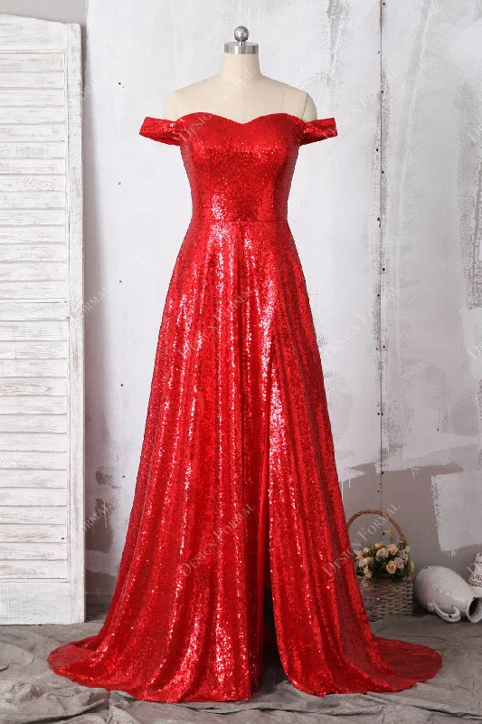Ruched Gown Red Off-shoulder Sparkly Sequin Slit Simple A-line Long Dress
