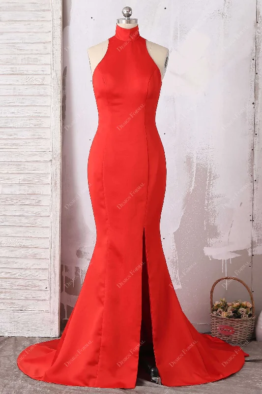 Pleated Gown Red Satin Sleeveless High Neck Slit Simple Mermaid Long Dress