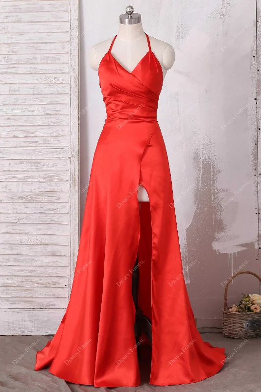Floor-Sweeping Gown Red Satin V-neck Halter Sexy Slit Long A-line Dress