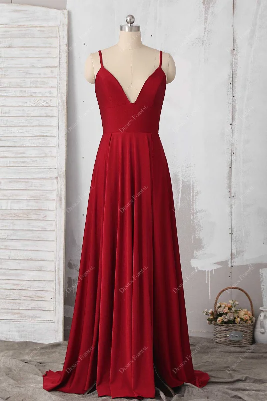 Draped Gown Red Jersey Spaghetti Straps Plunging Side Slit Simple Long Dress
