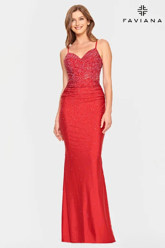 Ruched Satin Dress Red V Neck Dress With Corset Back And Rhinestone Beading | S10800 Ruched Satin Dress Red V Neck Dress With Corset Back And Rhinestone Beading | S10800