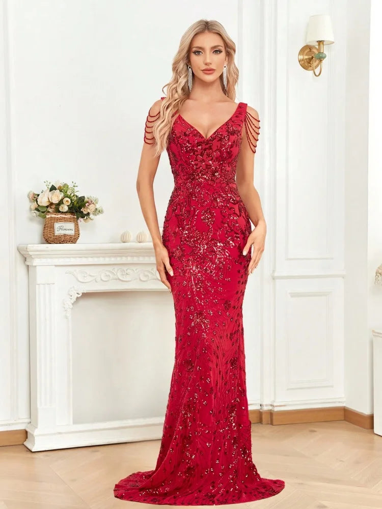 Backless Dress Red V-Neck Sequin Beading Mermaid Party Dresses