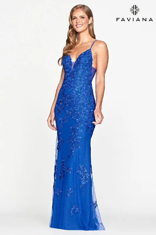 Satin Mermaid Dress Lace Prom Dress With Deep V Neckline | S10509