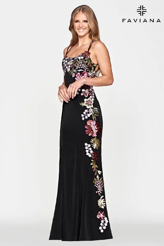Fancy Embellished Dress Sequin Applique Stretch Satin Long Dress With Open Lace Back Fancy Embellished Dress Sequin Applique Stretch Satin Long Dress With Open Lace Back