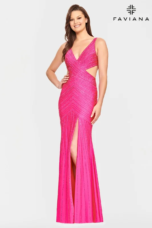 Maxi Formal Dress V Neck Prom Dress With Patterned Beading And Side Cutouts