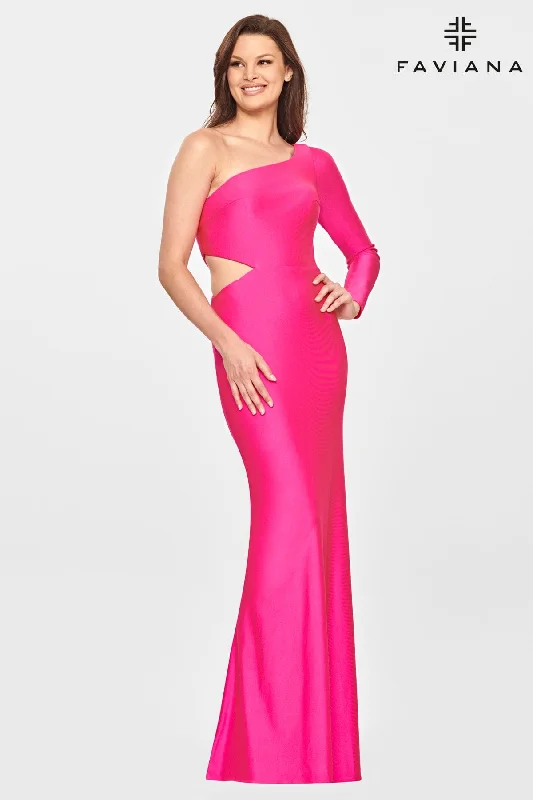 Velvet Evening Dress One Shoulder Long Sleeve Prom Dress With Side Cutout