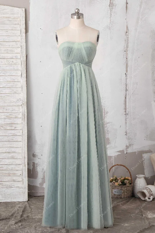 Peplum Dress Sage Tulle Overlaid Strapless A-line Floor Length Dress