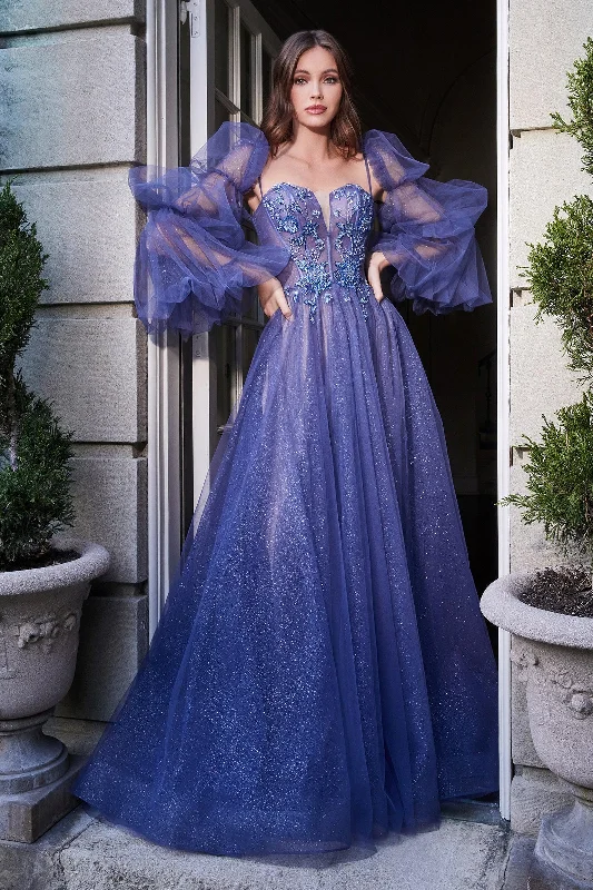 Subtle Shine Dress Cinderella Divine B709 Long A Line Long Sleeve Prom Dress