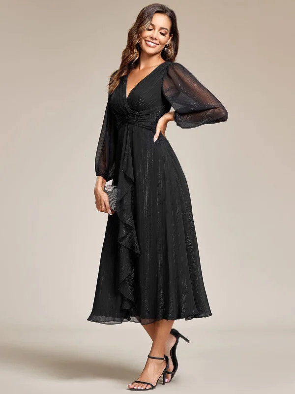Brocade Formal Dress See-Through Long Sleeve Twist Knot A-Line Lotus Leaf Shimmering Evening Dress Brocade Formal Dress See-Through Long Sleeve Twist Knot A-Line Lotus Leaf Shimmering Evening Dress