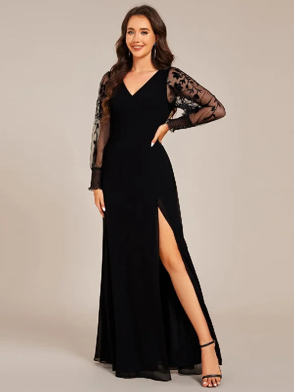 High Neck Dress See-Through Long Sleeve V-Neck High Slit Chiffon Formal Evening Dress High Neck Dress See-Through Long Sleeve V-Neck High Slit Chiffon Formal Evening Dress