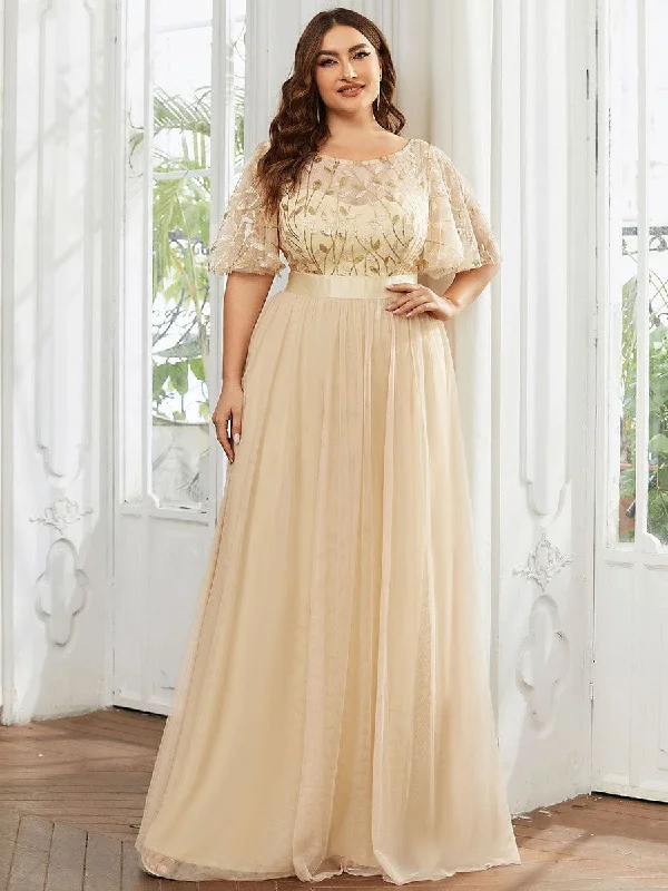 Pleated Gown Plus Size Sequin Bodice Long Formal Evening Dresses