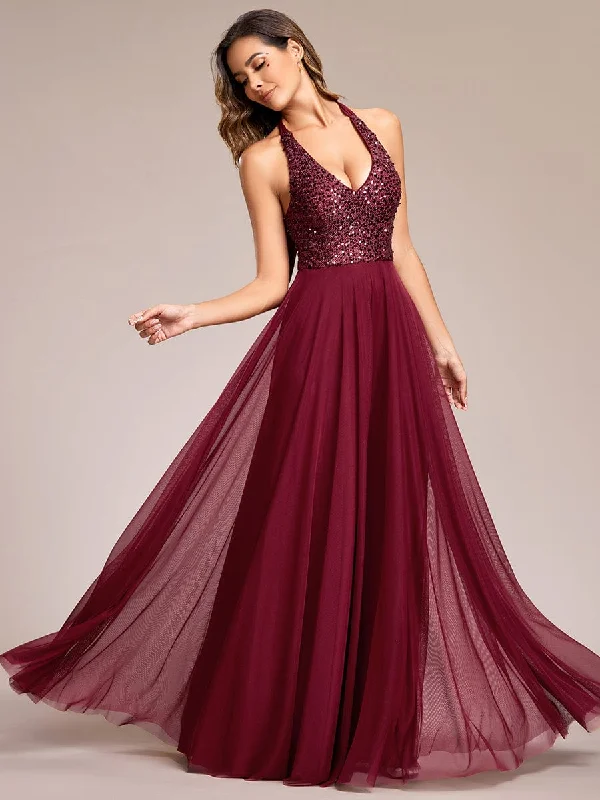 Timeless Satin Dress Sequin Halter Neck Top A-Line Backless Evening Dress with Tulle Timeless Satin Dress Sequin Halter Neck Top A-Line Backless Evening Dress with Tulle