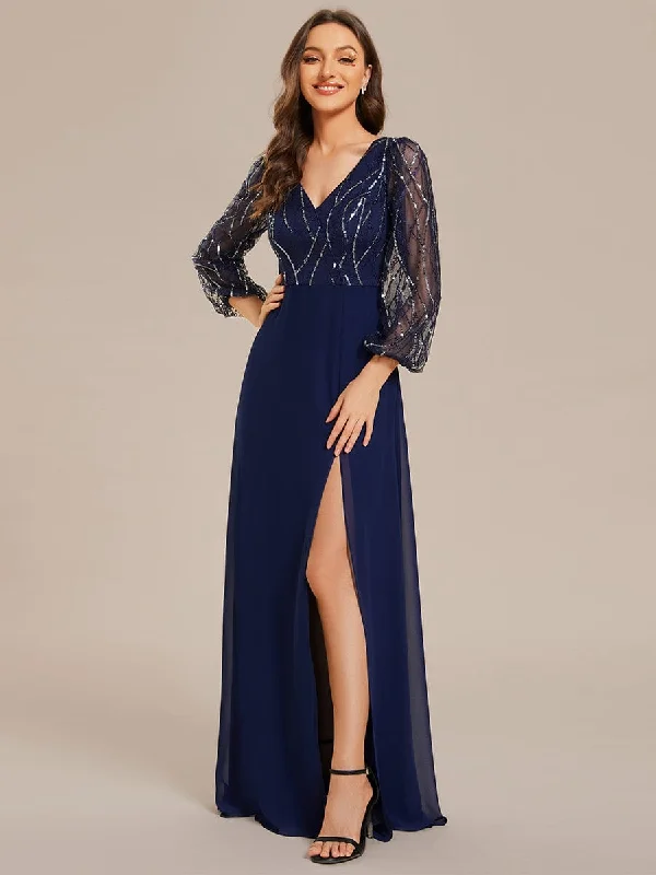 Elegant Beaded Dress Sequin See-through Long Sleeves High Slit Chiffon A-Line Evening Dress Elegant Beaded Dress Sequin See-through Long Sleeves High Slit Chiffon A-Line Evening Dress