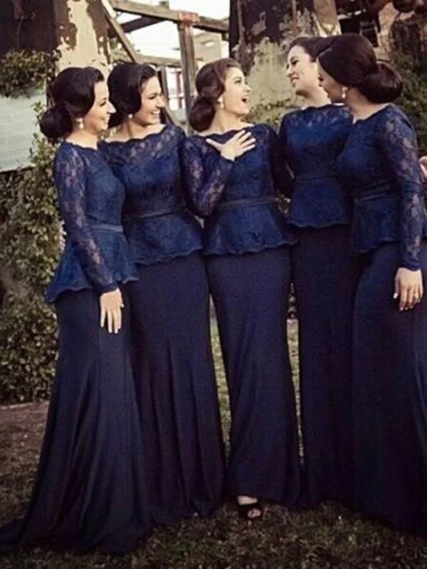 Dramatic Ball Gown Sheath Bateau Long Sleeves Sweep Train Lace Chiffon Bridesmaid Dresses-314003