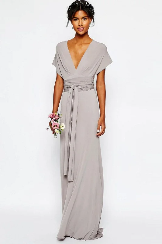 Ruched Satin Dress Sheath V-Neck Sash Floor-Length Short-Sleeve Jersey Bridesmaid Dress-MK_100686