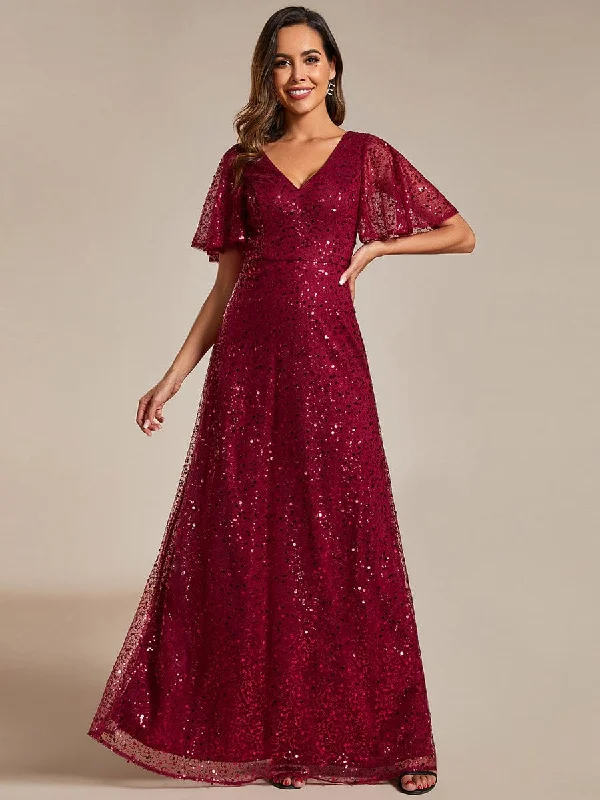 Lace Dress Shimmering All Over Sequin Short Sleeves A-Line Formal Evening Dress