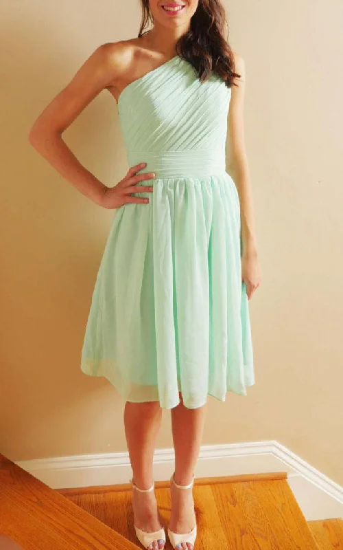 Glittering Evening Gown Short One-shoulder Chiffon Dress With Pleats&Zipper-106564