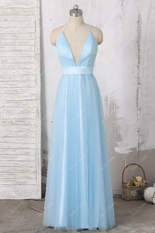 Embroidered Gown Sky Blue Tulle Overlay Plunging Straps Floor Length A-line Dress