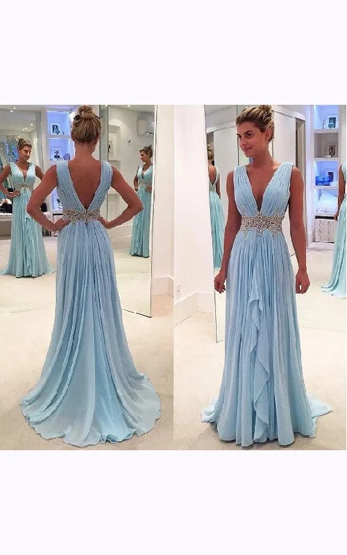 Sophisticated Gown Sleeveless V-neck Long Chiffon Ruffled Dress with V-back-107313