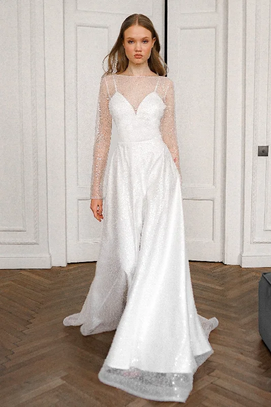 Modest Gown Light ivory Sparkly Wedding Dress Feilin