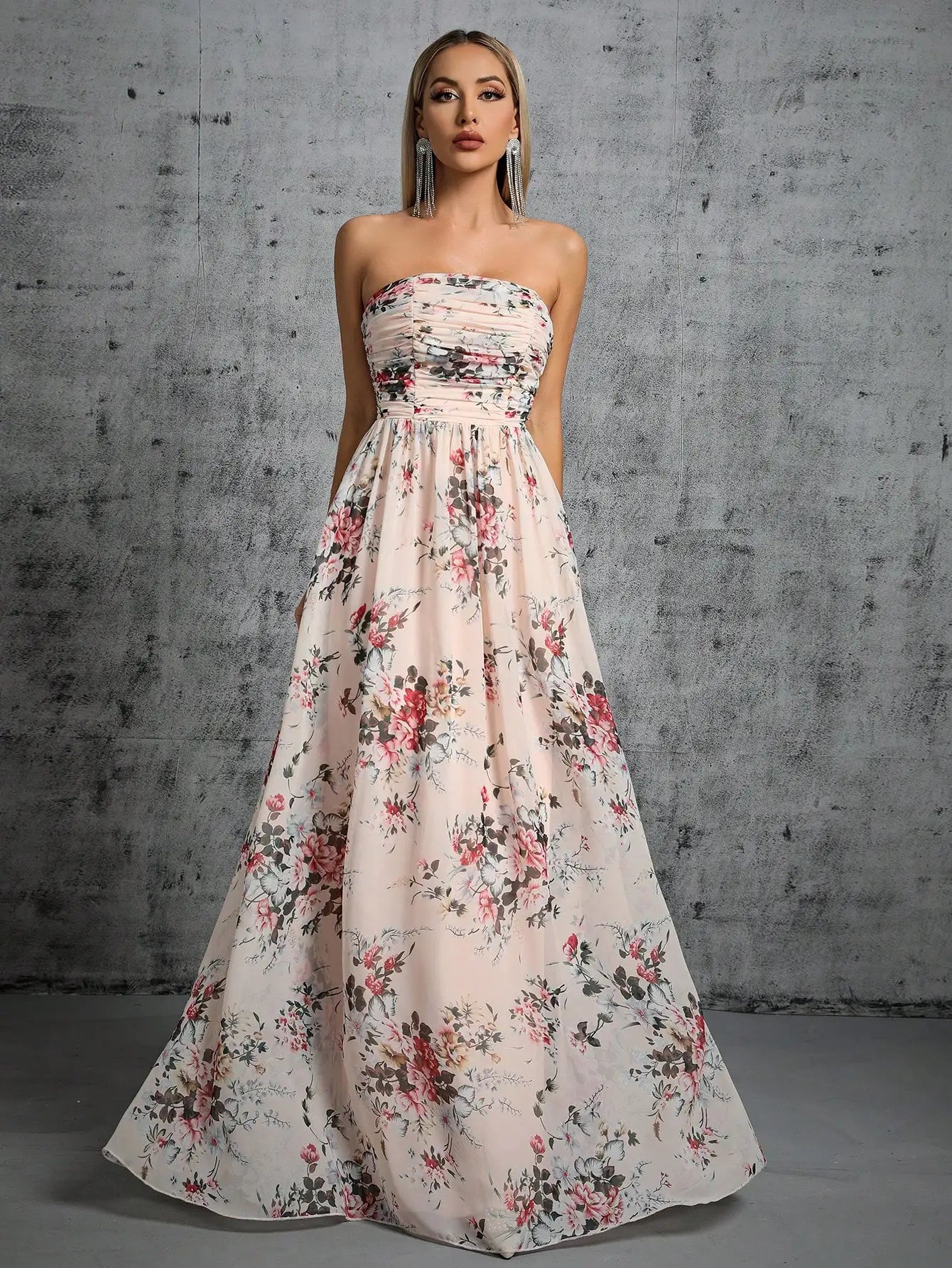 Princess Ball Gown Strapless Pleated Floral Printed Chiffon Maxi Dress