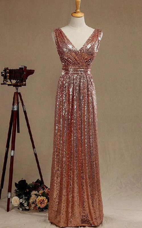 Whimsical Evening Gown V Neck A-line Pleated Sequined Long Evening Dress With V Back-ET_329059