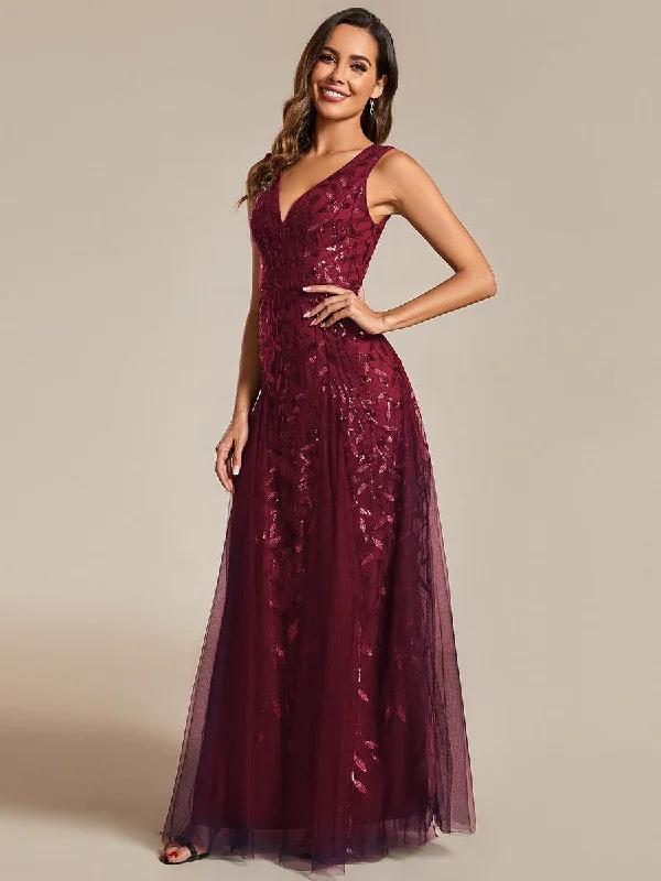 Classic Gown V-Neck Leaf Sequin Sleeveless A-Line Formal Evening Dress with Tulle