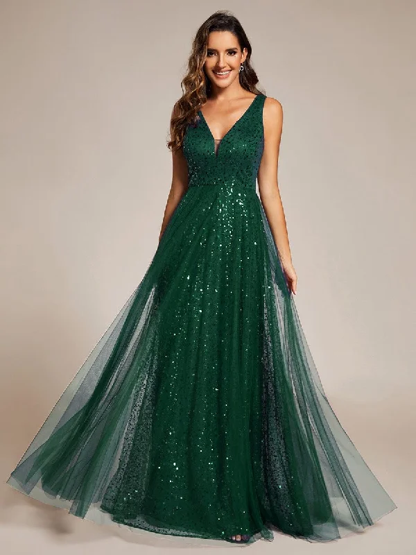 Beaded Dress V-Neck Sleeveless High-Waist See-Through Sequin Tulle Evening Dress