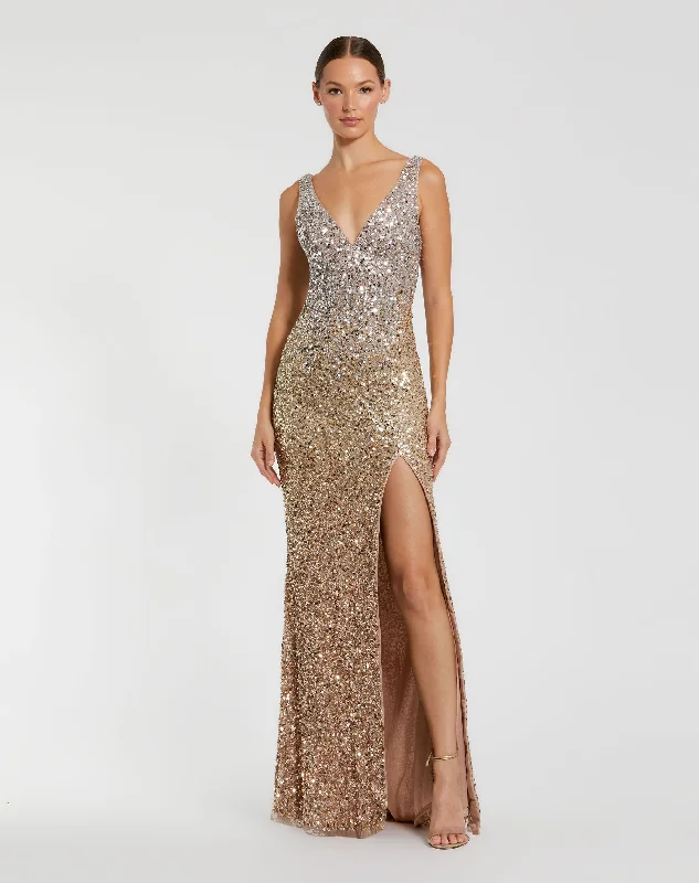 Maxi Formal Dress Sequined Sleeveless V Neck Side Slit Gown