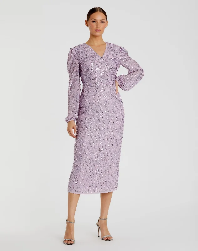 Taffeta Dress Sequined Illusion Puff Sleeve V Neck Midi Dress