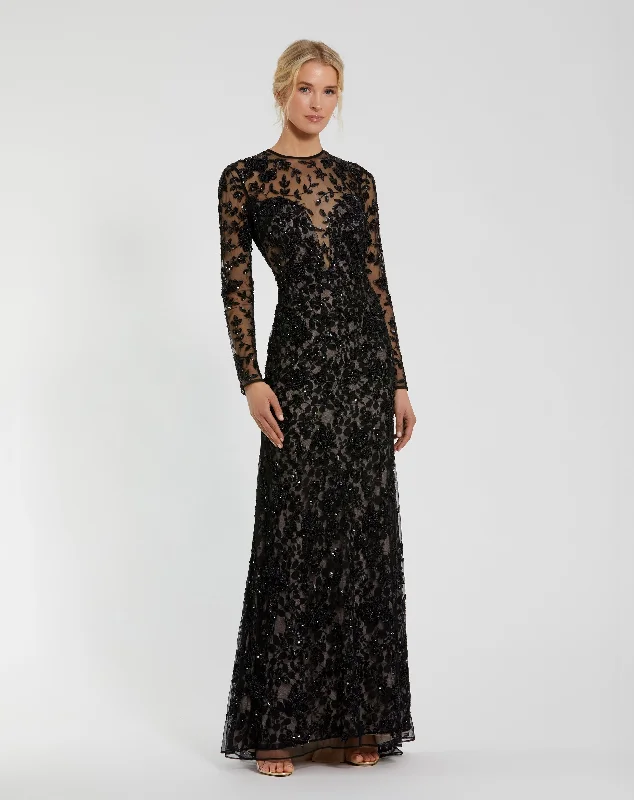 Draped Satin Gown Long Sleeve Floral Embellished Gown