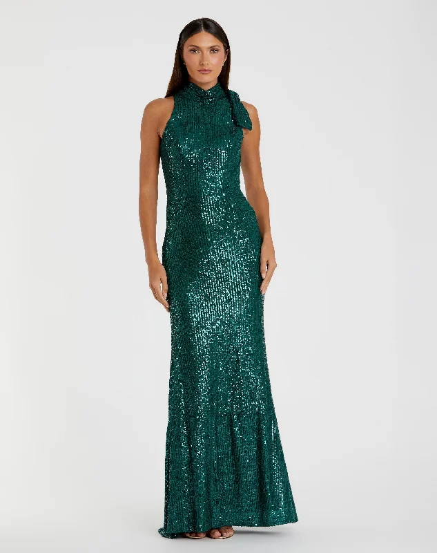 Floor-Length Satin Dress Sequined Soft Tie Halter Neck Column Gown