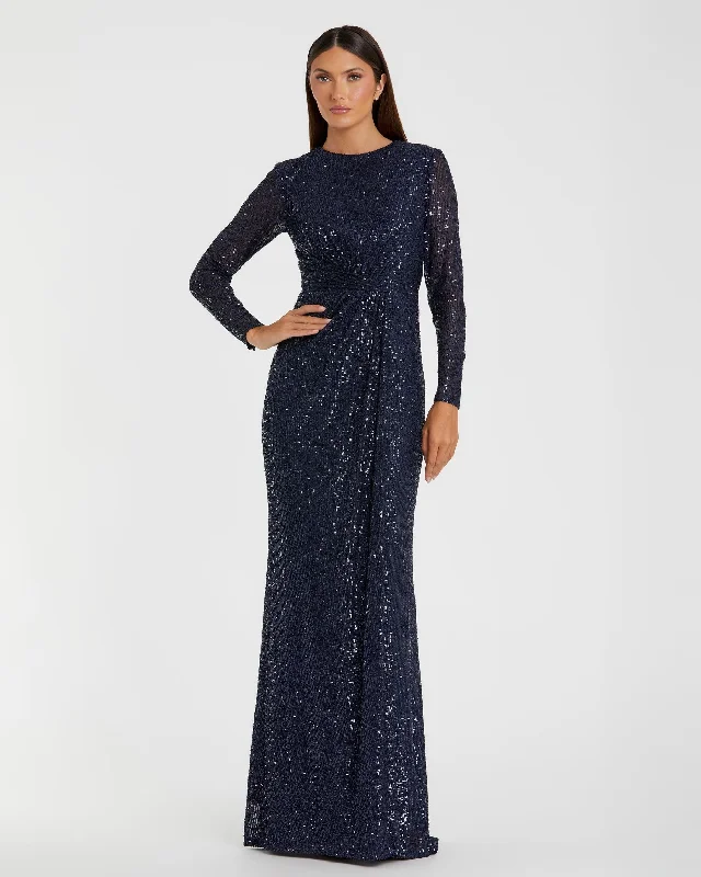 Elegant Gown Sequined Long Sleeve Side Knot Gown