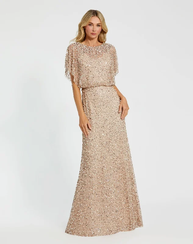 Fringe Gown Beaded Mesh Gown With Shawl
