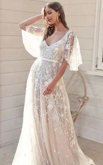 Maxi Dress 2024 A-Line Tulle Half Sleeve Wedding Dress Country Garden Floor-length Sweep Train V-neck Casual Bohemian Elegant-716821 Maxi Dress 2024 A-Line Tulle Half Sleeve Wedding Dress Country Garden Floor-length Sweep Train V-neck Casual Bohemian Elegant-716821