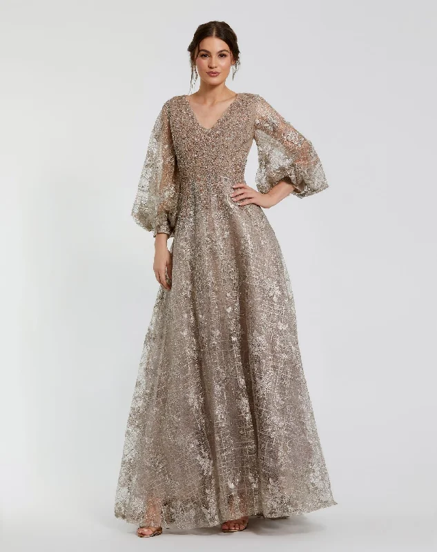 Sparkly Dress Beige Embellished Plunge Neck Puff Sleeve A Line Gown