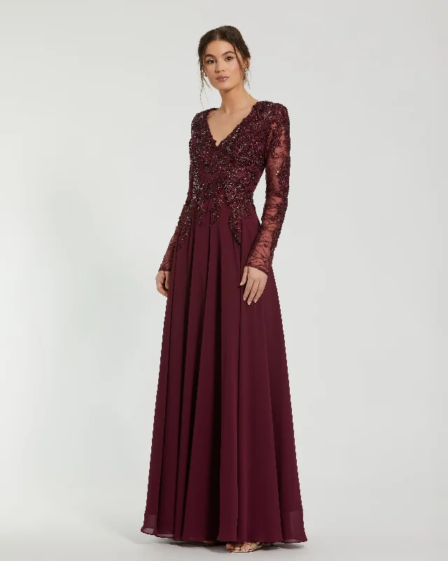 Off-Shoulder Gown Red Embellished Illusion V Neck Long Sleeve Gown