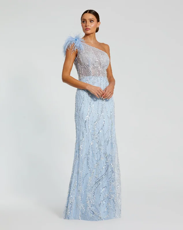 Romantic Evening Gown Feathered One Shoulder Embroidered Applique Gown