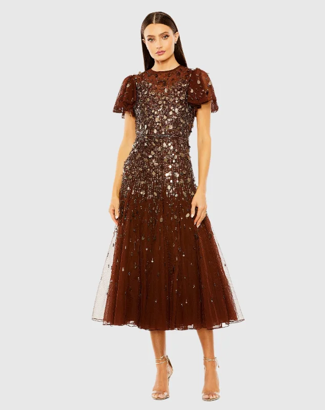Bow Detail Dress Flutter Sleeve Sheer Top Beaded Dress