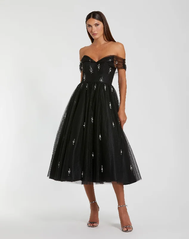 Draped Formal Dress Off The Shoulder Embellished Tulle Cocktail Dress