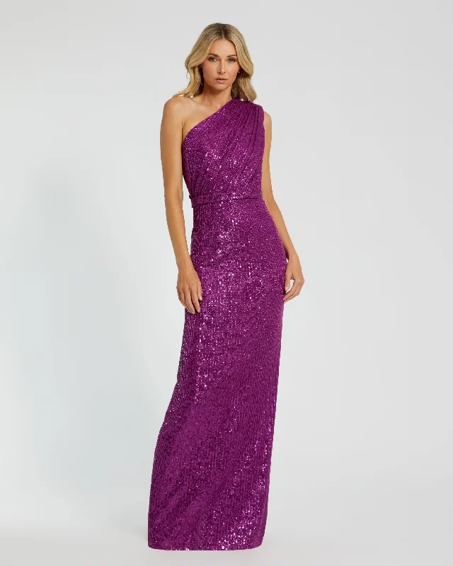 Timeless Gown Dark Purple Sequined Ruched One Shoulder Gown