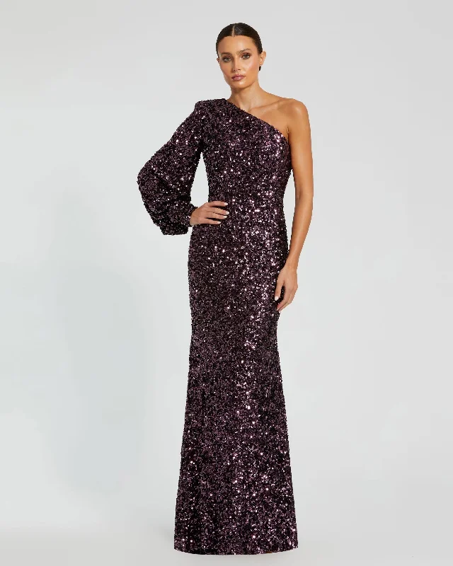 Minimalist Gown Purple Sequined One Shoulder Bishop Sleeve Trumpet Gown