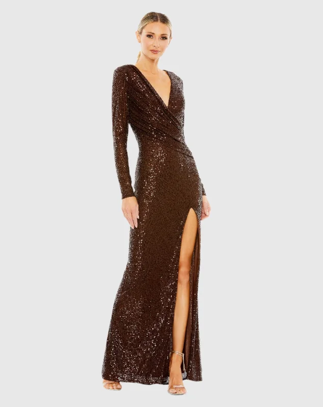 Embellished Maxi Dress Sequined Long Sleeve Faux Wrap Ruched Gown