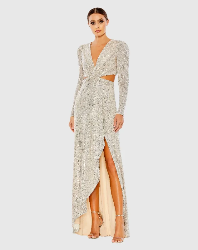 Elegant Beaded Dress Sequined Criss Cross Long Sleeve Gown